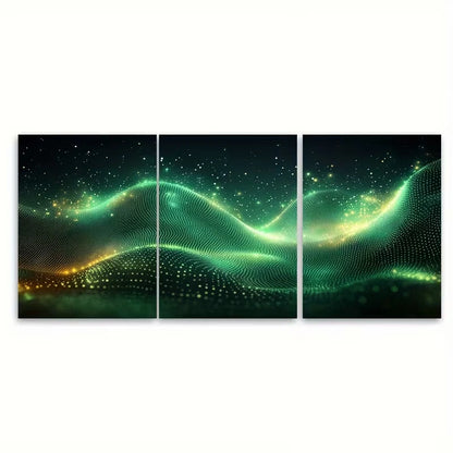 3pcs Abstract Green Toned Glowing Circles Metal Print Ready to Hang Art