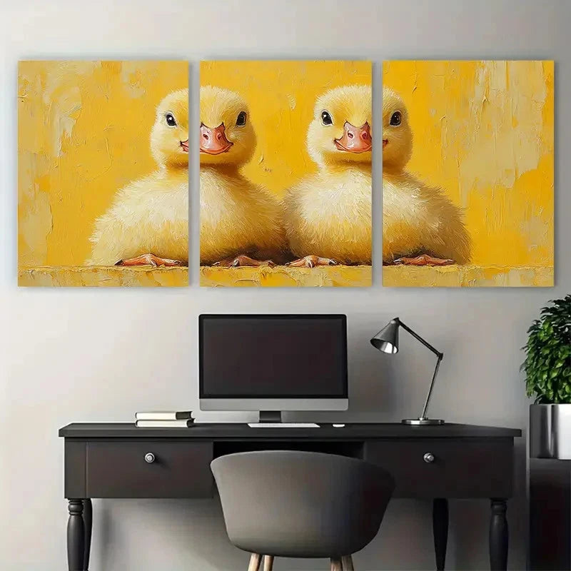3pcs Vibrant Baby Ducks Illustration Metal Print Ready to Hang Art
