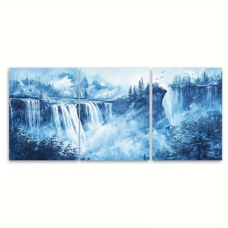 3pcs Dreamy Waterfall With Tranquil Blue Tones Metal Print Ready to Hang Art