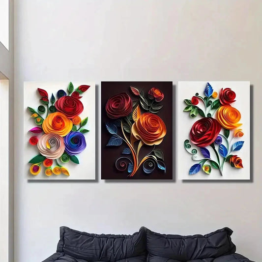 3pcs Colorful Rose &amp; Leaf Designs, Metal Print Ready to Hang Art