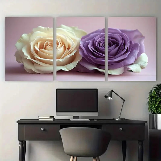 3pcs Blooming Roses White Purple Floral Metal Print Ready to Hang Art