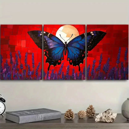 3pcs Blue Butterfly Over Lavender At Sunset Art Wall Art Set Canvas Framed 60x90cm - High Quality Print 100% Australian Made Wall Canvas Ready to Hang
