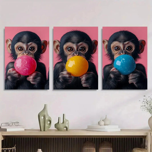 3pcs Monkeys Animal Bubble Gum Red Blue Metal Print Ready to Hang Art