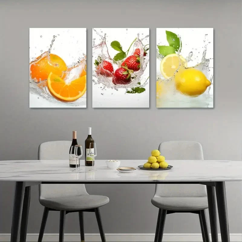 3pcs Vibrant Fruit with Water Splash Design Metal Print Ready to Hang Art