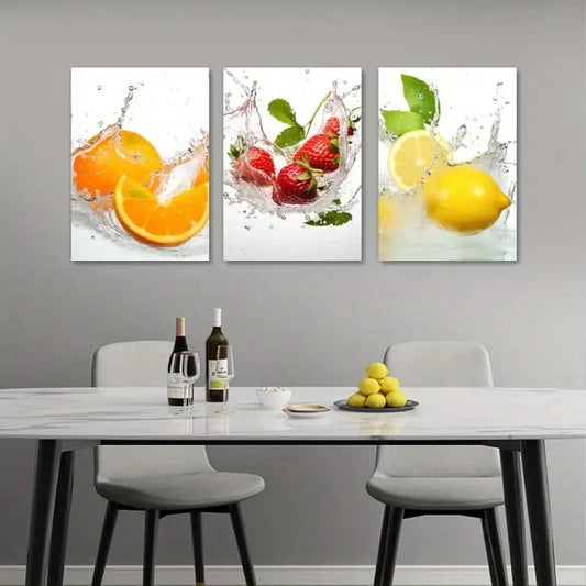 3pcs Vibrant Fruit with Water Splash Design Metal Print Ready to Hang Art