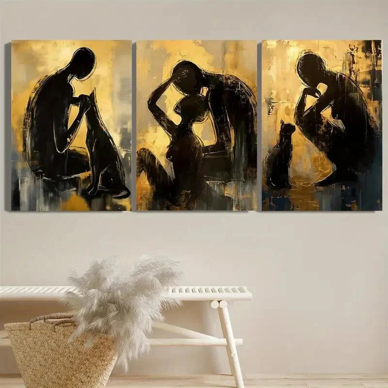 3pcs Abstract People And Animals Under Yellow Metal Print Ready to Hang Art