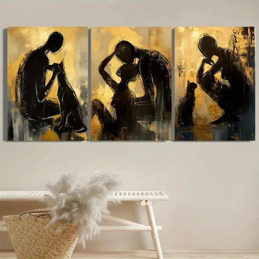 3pcs Abstract People And Animals Under Yellow Metal Print Ready to Hang Art