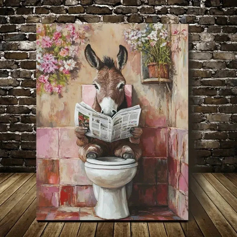 Charming Newspaper-Reading Donkey with Flora Painting 40x60cm Metal Print Ready to Hang