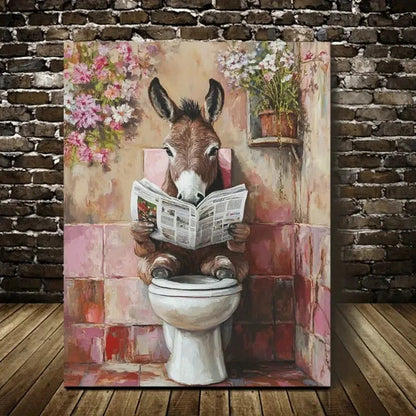 Charming Newspaper-Reading Donkey with Flora Painting 40x60cm Metal Print Ready to Hang