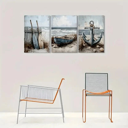 3pcs Beach Scene Nautical Boat Anchor & Seashells Metal Print Ready to Hang Art