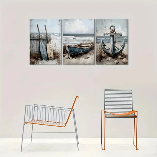 3pcs Beach Scene Nautical Boat Anchor & Seashells Metal Print Ready to Hang Art