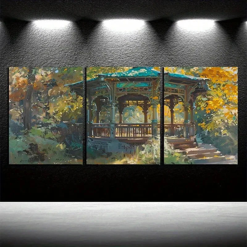 3pcs Vibrant Cottage in Forest Illustration Metal Print Ready to Hang Art