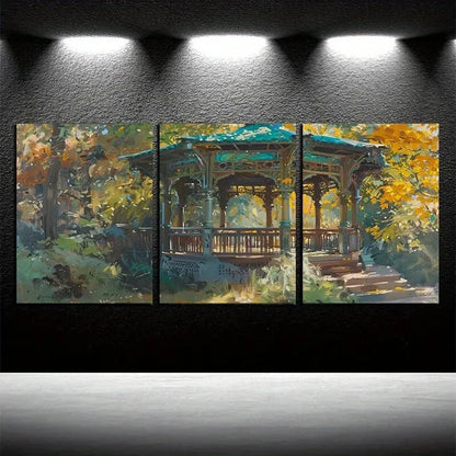 3pcs Vibrant Cottage in Forest Illustration Metal Print Ready to Hang Art