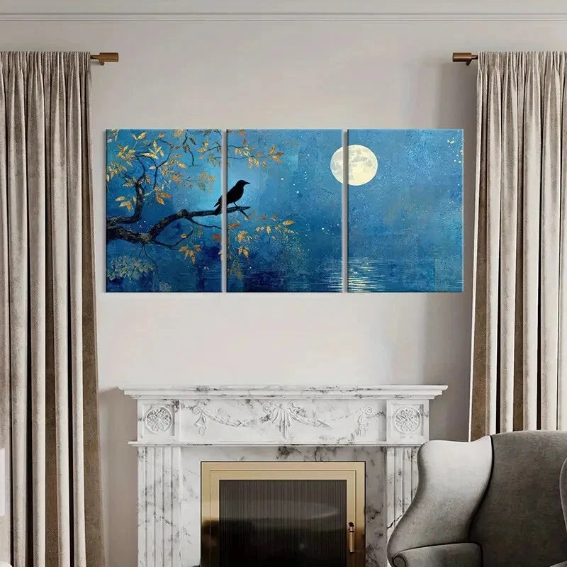 3pcs Moonlit Night Silhouette Crow Tree Branches Metal Print Ready to Hang Art