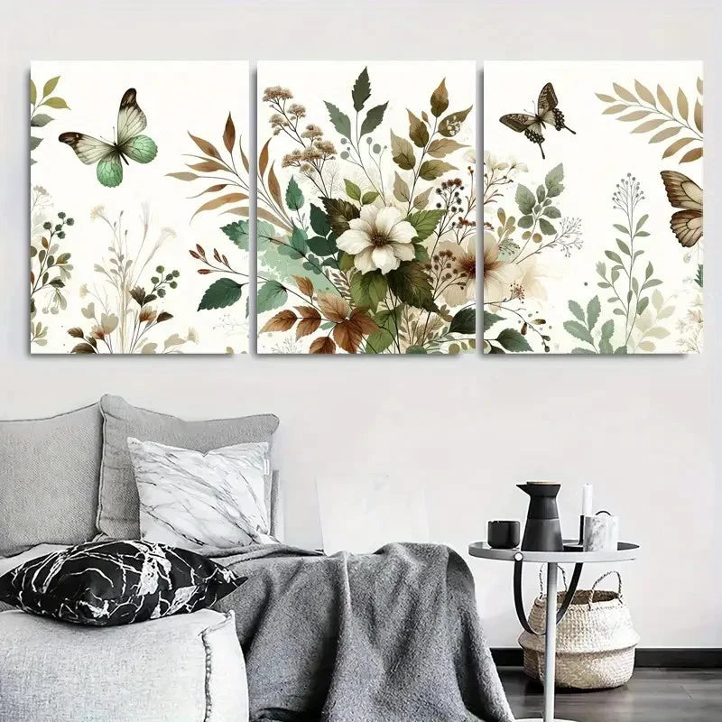 3pcs Elegant Botanical Butterfly Meadow Wall Art Set Canvas Framed 40x60cm - High Quality Print 100% Australian Made Wall Canvas Ready to Hang