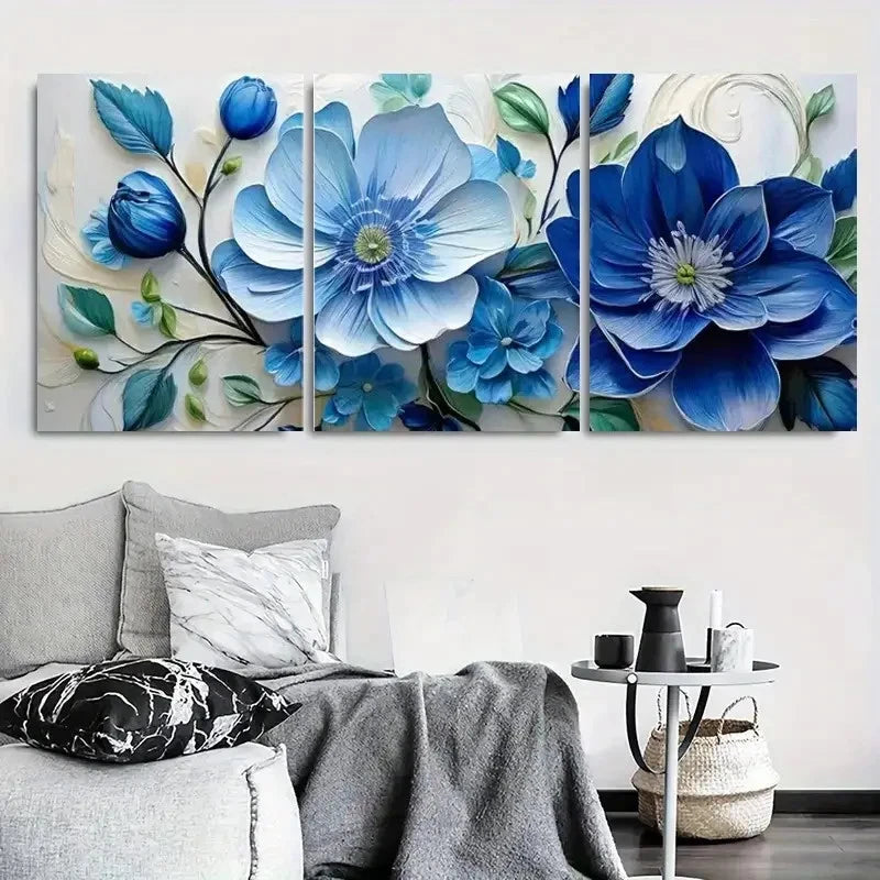 3pcs Elegant Blue Floral Design Metal Print Ready to Hang Art