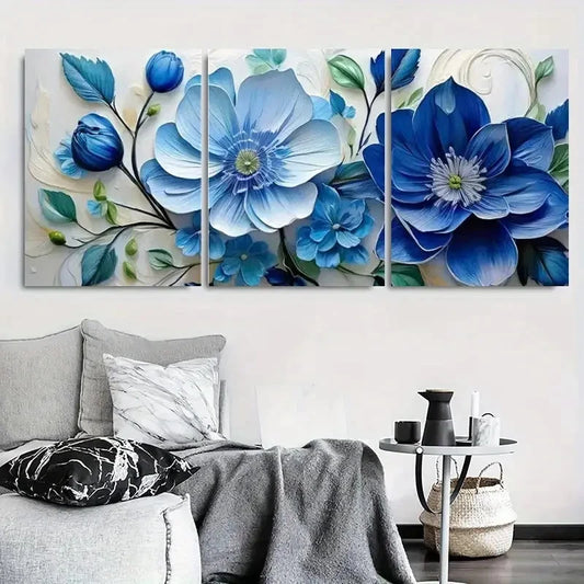 3pcs Elegant Blue Floral Design Metal Print Ready to Hang Art
