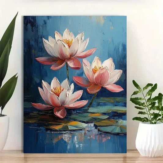 Beautiful Vivid Pink Water Lilies On Blue Painting 40x60cm Metal Print Ready to Hang