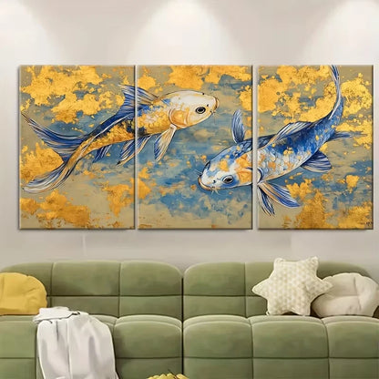 3pcs ,Blue And Golden Koi Fish Painting Metal Print Ready to Hang Art