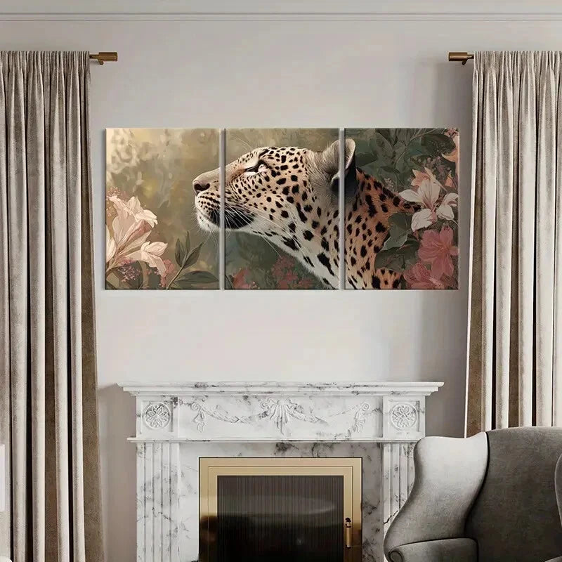3pcs Leopard Artwork Floral Surroundings Metal Print Ready to Hang Art