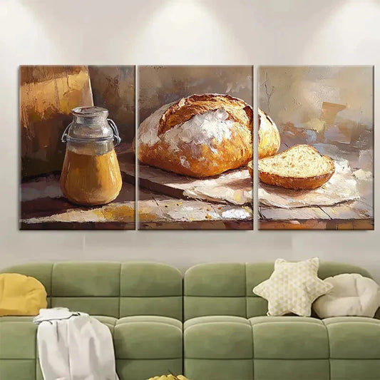 3pcs Sourdough Bread & Honey Jar Scene Metal Print Ready to Hang Art