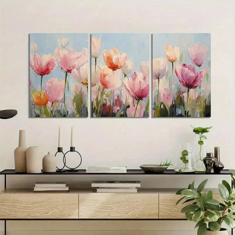 3pcs Vibrant Poppy Flower Landscape Painting Metal Print Ready to Hang Art