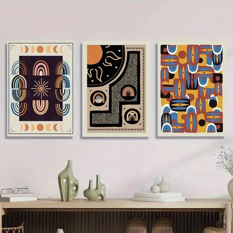 3pcs Vibrant Sun & Moon Design Mid-Century Metal Print Ready to Hang Art