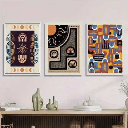 3pcs Vibrant Sun & Moon Design Mid-Century Metal Print Ready to Hang Art