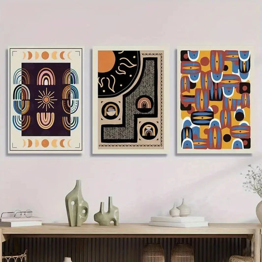 3pcs Vibrant Sun & Moon Design Mid-Century Metal Print Ready to Hang Art