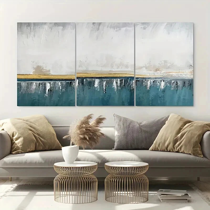 3pcs Modern Abstract Blue and White Metal Print Ready to Hang Art