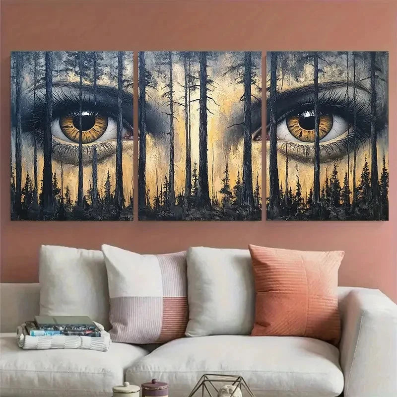 3pcs Forest Eyes Painted on Trees Design Wall Art Set Canvas Framed 40x60cm - High Quality Print 100% Australian Made Wall Canvas Ready to Hang