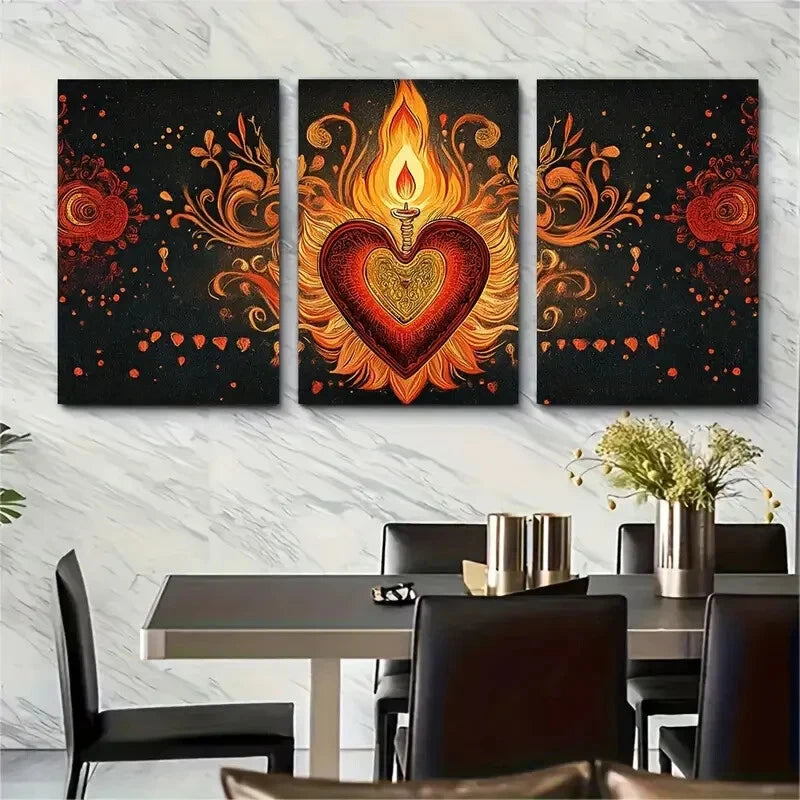 3pcs Sacred Heart Red & Golden Folk Wall Art Metal Print Ready to Hang Art