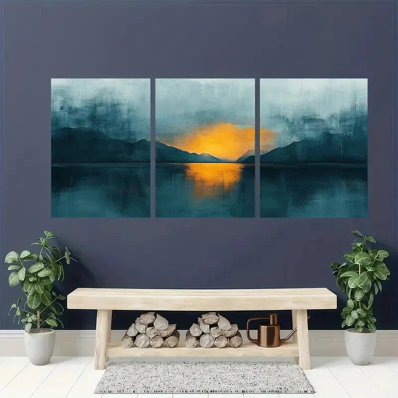 3pcs Teal & Tan Pastel Abstract Reflection Design Metal Print Ready to Hang Art