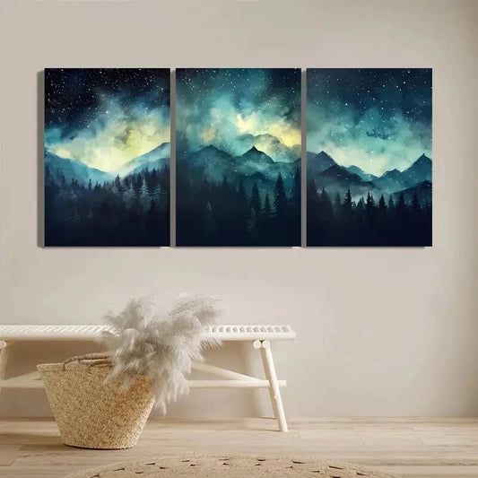 3pcs Starry Night Misty Forest & Blue Mountain Metal Print Ready to Hang Art
