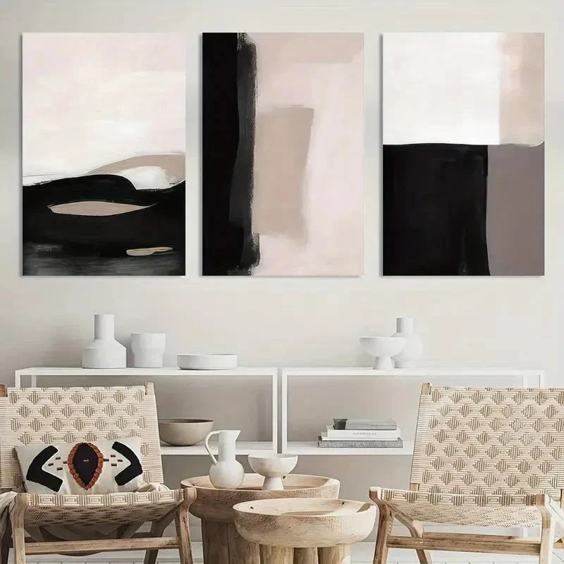 3pcs Painting Abstract Beige Black and White Metal Print Ready to Hang Art