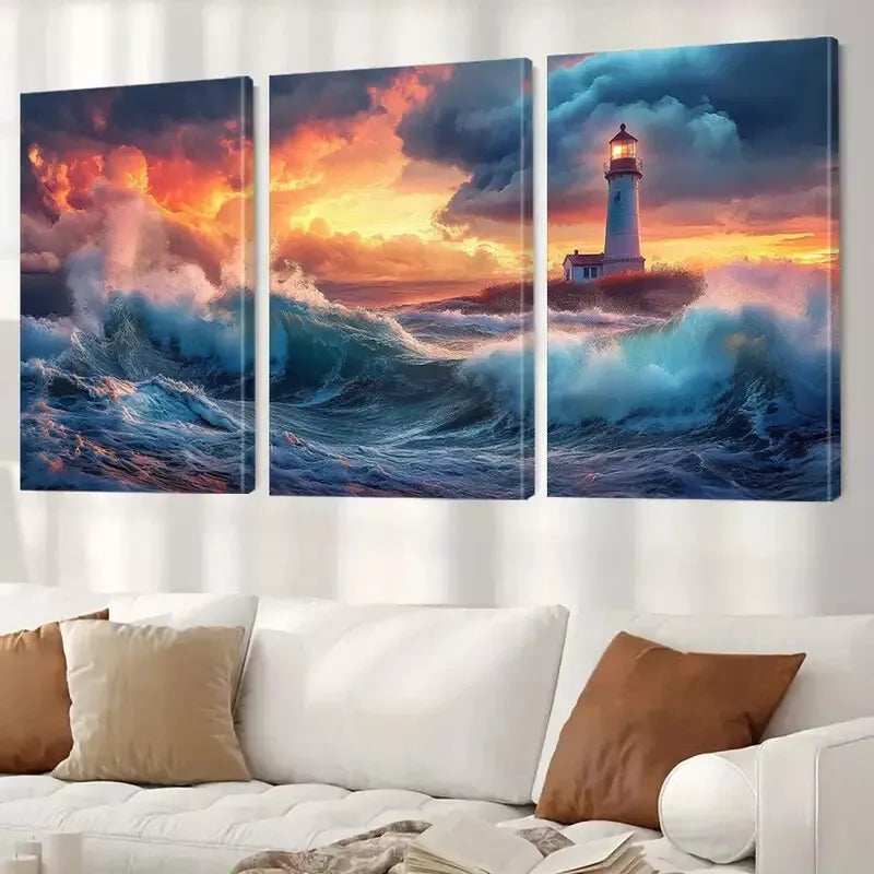 3pcs Aesthetic Landscape Lighthouse & Ocean  Art Set Canvas Framed 50x70cm -  High Quality Print 100% Australian Made Wall Canvas Ready to Hang