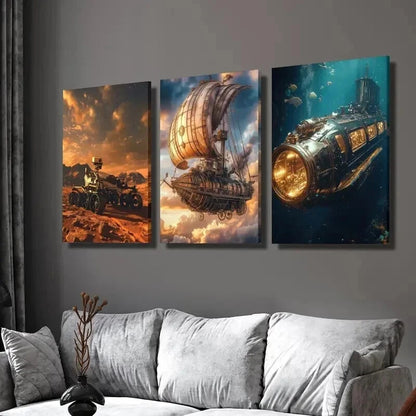 3pcs Mars Rover Steampunk Airship And Submarine Wall Art Set Canvas Framed 60x90cm - High Quality Print 100% Australian Made Wall Canvas Ready to Hang