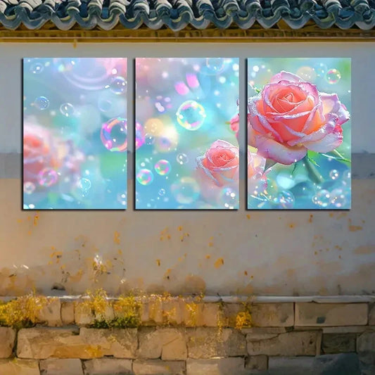 3pcs Vibrant Pink Rose with Bubbles Illustration Metal Print Ready to Hang Art