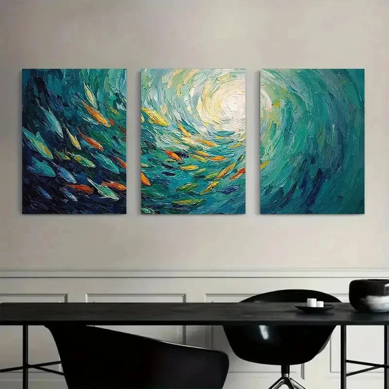 3pcs Underwater Vortex with Fish Swimming Metal Print Ready to Hang Art