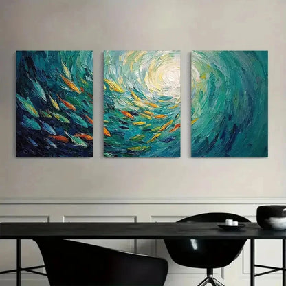 3pcs Underwater Vortex with Fish Swimming Metal Print Ready to Hang Art
