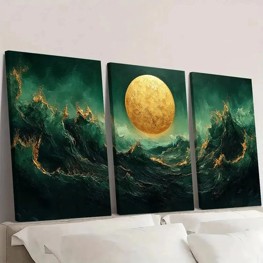 3pcs  Golden Textured Minimalist Green G Wall Art Set Canvas Framed 50x70cm - High Quality Print 100% Australian Made Wall Canvas Ready to Hang