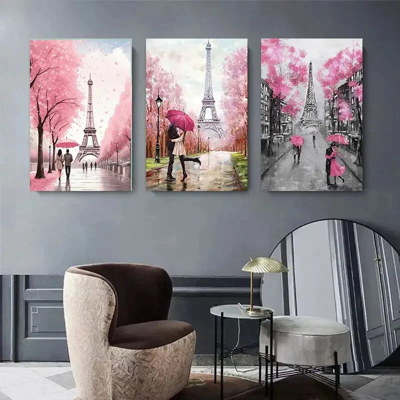 3pcs Eiffel Tower Paris Pink Umbrella Perfect Wall Art Set Canvas Framed 40x60cm - High Quality Print 100% Australian Made Wall Canvas Ready to Hang