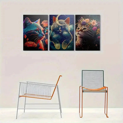 3pcs Colorful Floral Cats Animal Themed Metal Print Ready to Hang Art