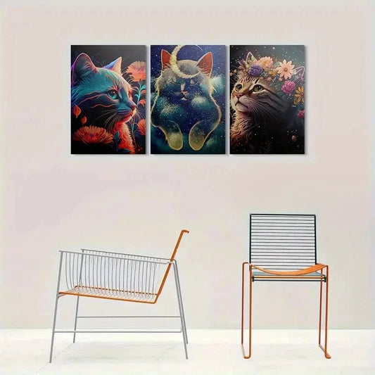 3pcs Colorful Floral Cats Animal Themed Metal Print Ready to Hang Art