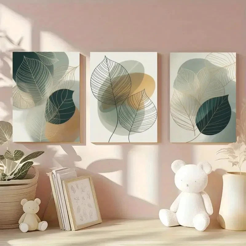 3pcs Abstract Leaves Green Tones Botanical Metal Print Ready to Hang Art
