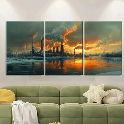 3pcs Vibrant Cityscape & Industrial Smoke E Wall Art Set Canvas Framed 60x90cm - High Quality Print 100% Australian Made Wall Canvas Ready to Hang