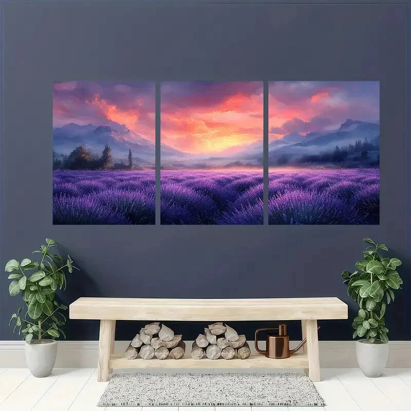 3pcs Lavender Field Provence Watercolor Art Metal Print Ready to Hang Art