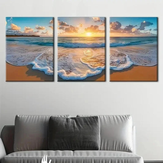 3pcs Beach Waves And Sunrise Seascapes Perfect Wall Art Set Canvas Framed 40x60cm - High Quality Print 100% Australian Made Wall Canvas Ready to Hang