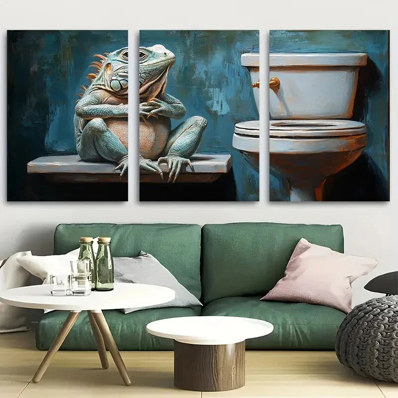 3pcs Iguana Sitting On Toilet in Bathroom Metal Print Ready to Hang Art