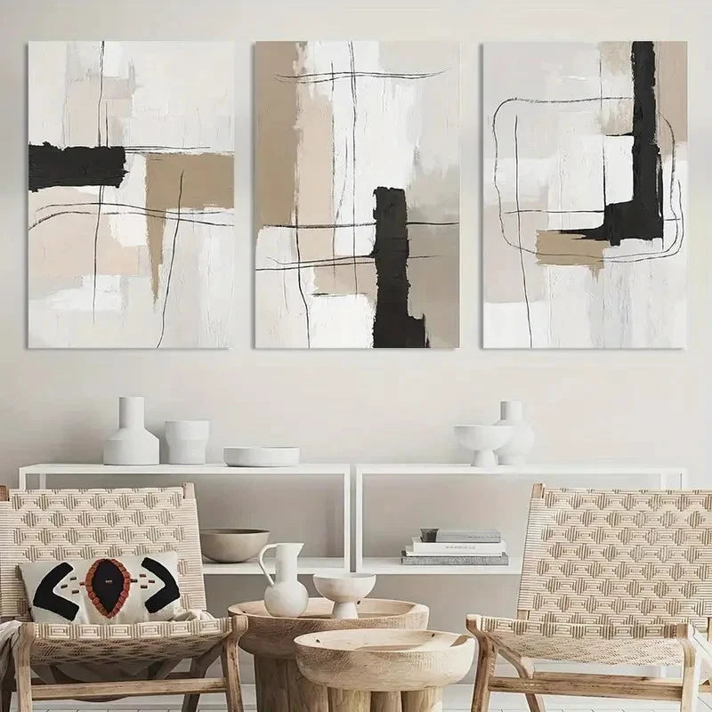 3pcs Neutral Abstract Black White Beige Metal Print Ready to Hang Art